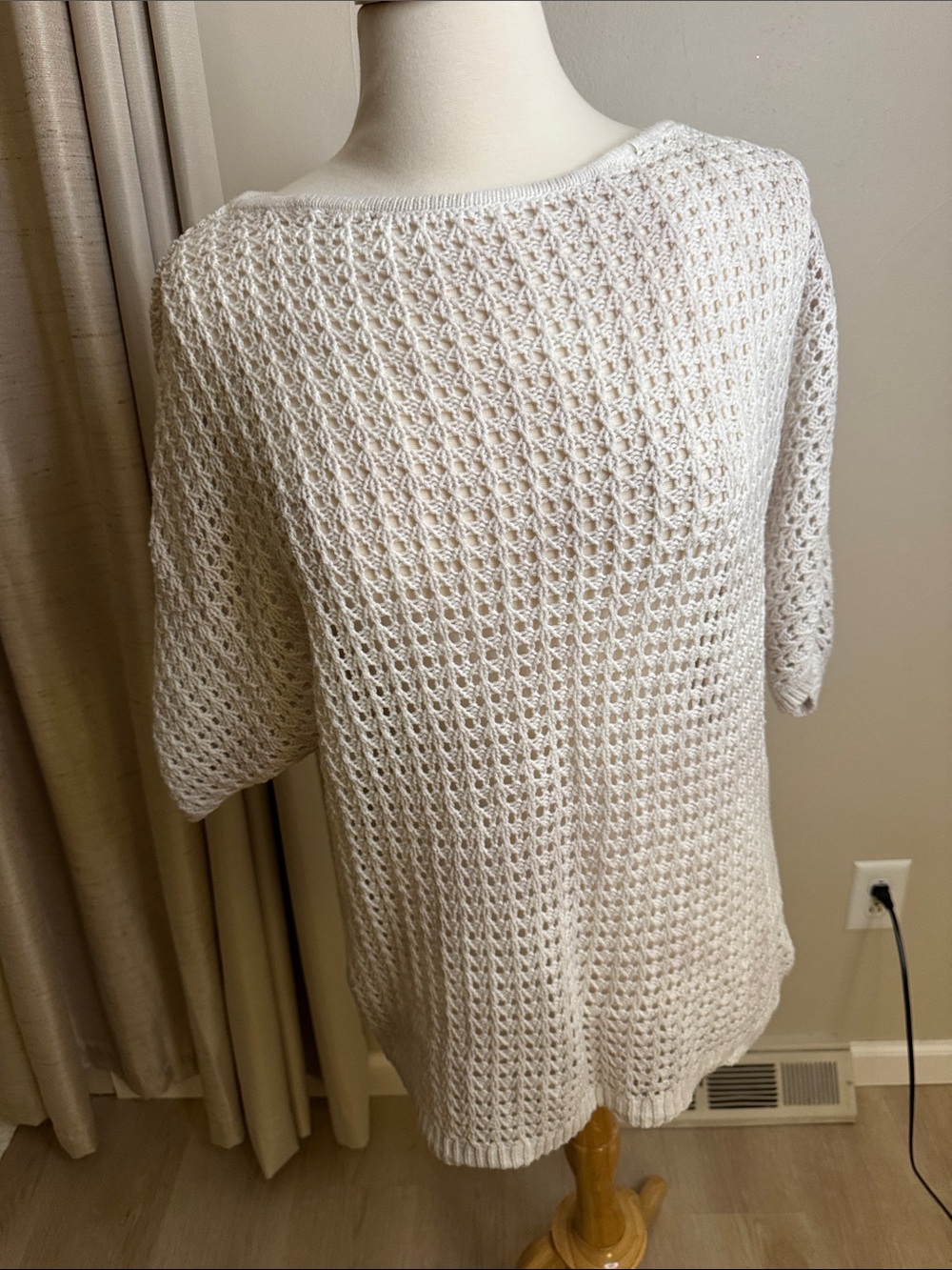Marled White Open-Weave Crewneck Sweater